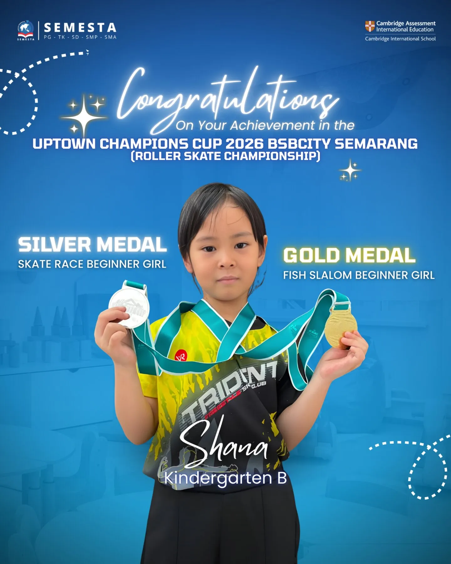 Shana, Kindergarten B — medali perak dan emas Uptown Champions Cup 2026 sepatu roda